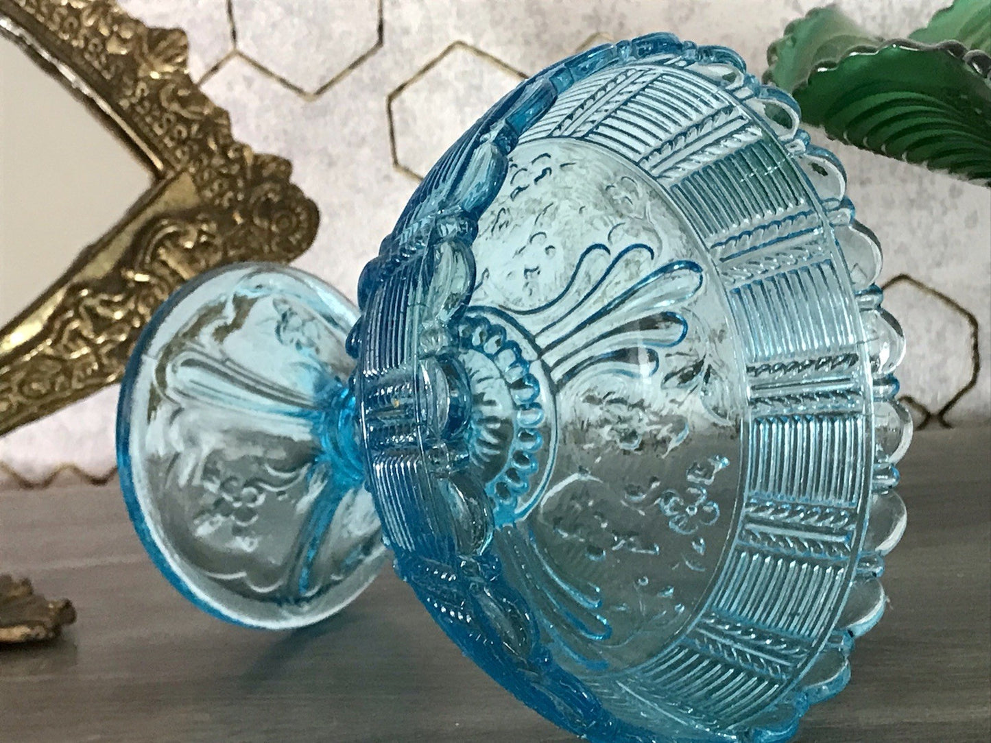 Antik Jugendstil Art Déco Pressglas Glas Fußschale Schale Zuckerschale Blau