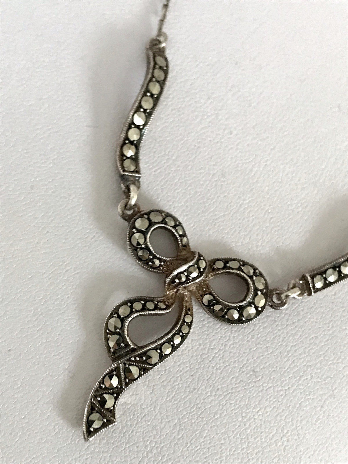 Antik Edel Jugendstil 835 Silber Collier Halskette Markasite Schleife