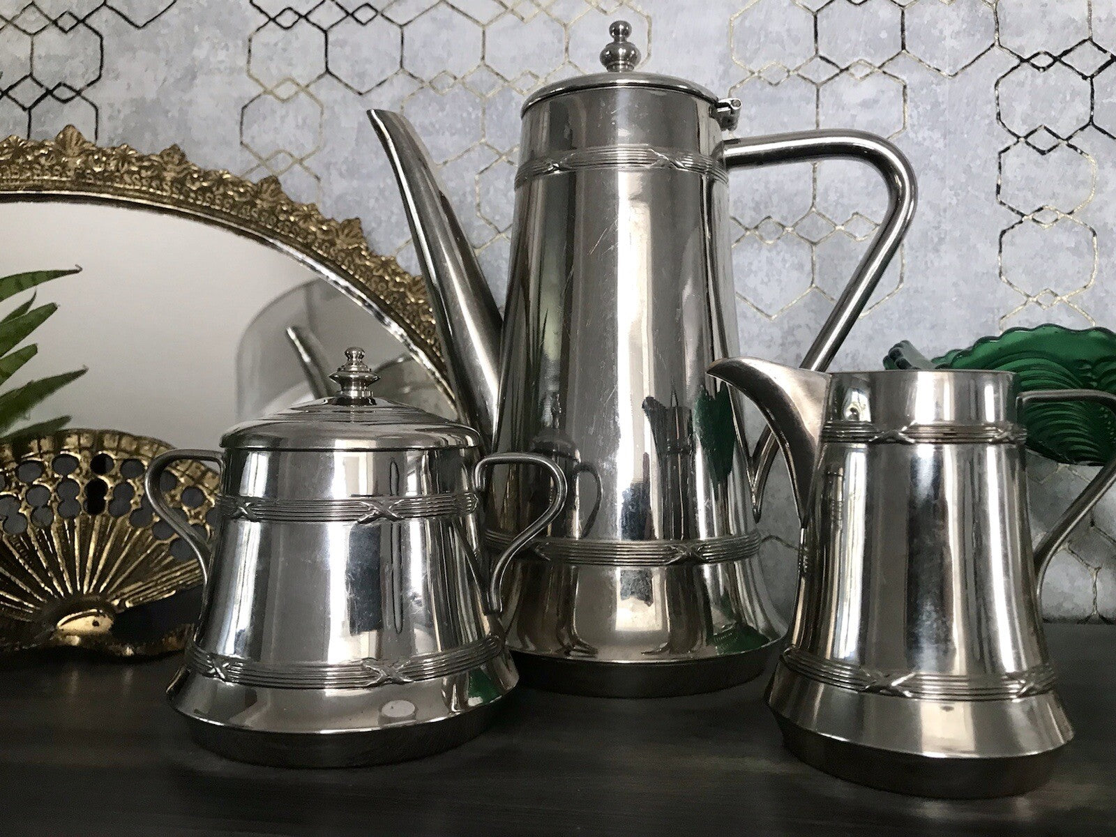 Antik Jugendstil Kaffee Kernstück Zuckerdose Rahmgießer Kanne vernickelt?