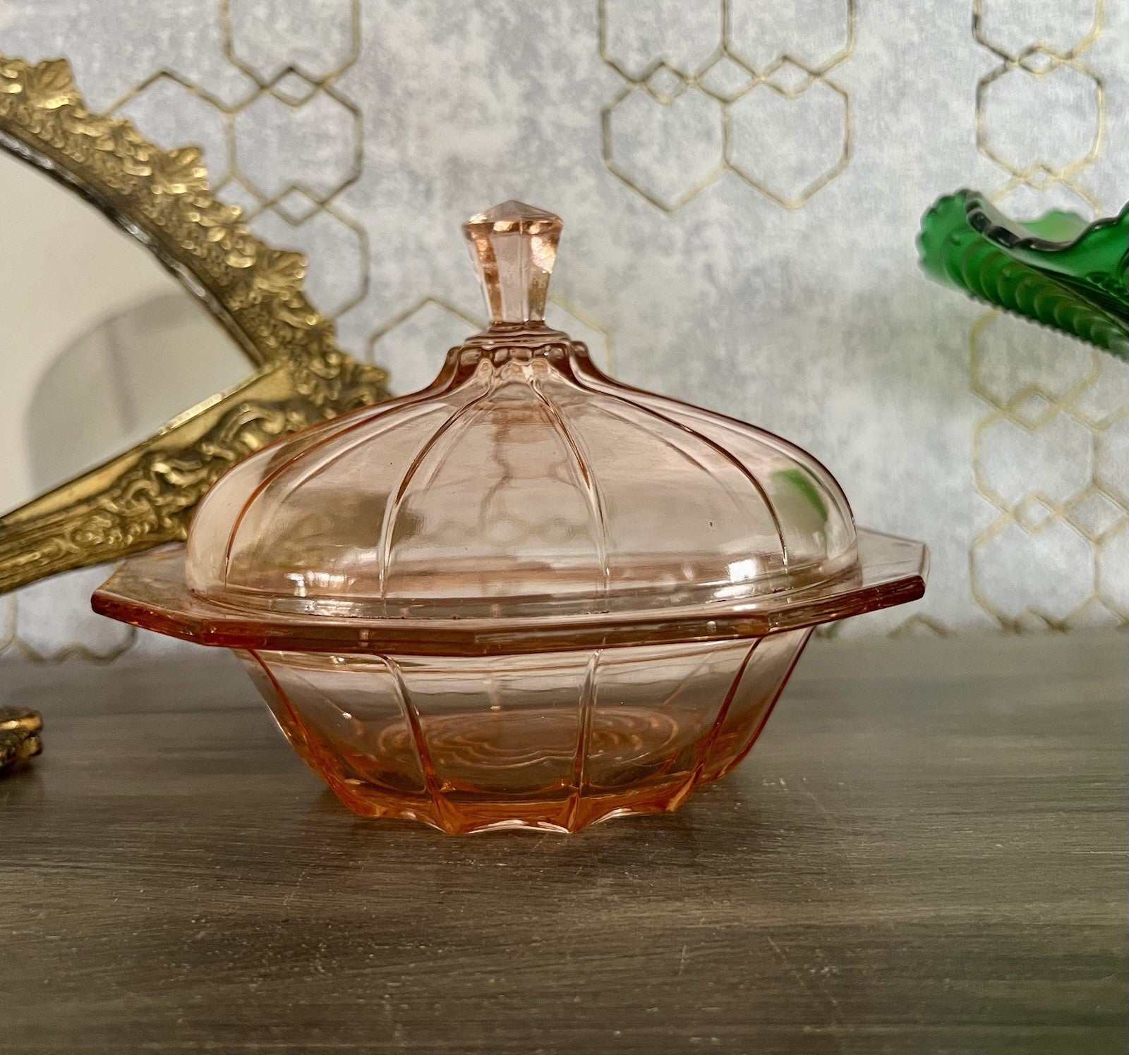 Antik Art Déco Dose Deckeldose Rosalin Rosa Pressglas