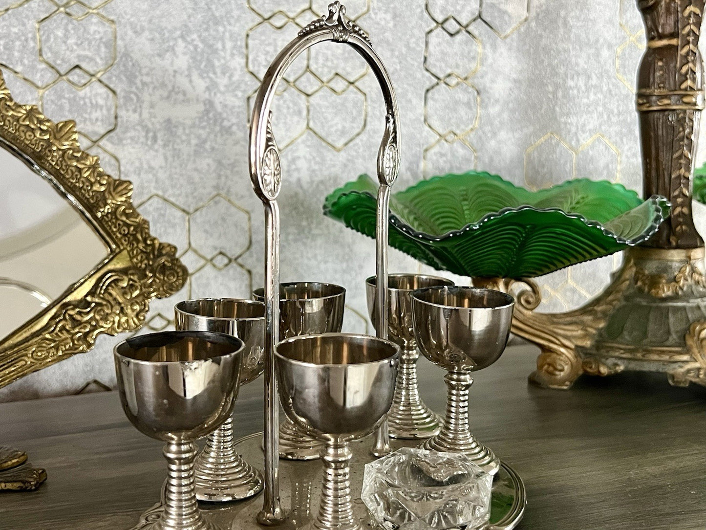 Antik Menage Eiermenage Frühstück Metallmontur Glaseinsatz 6 Eierbecher