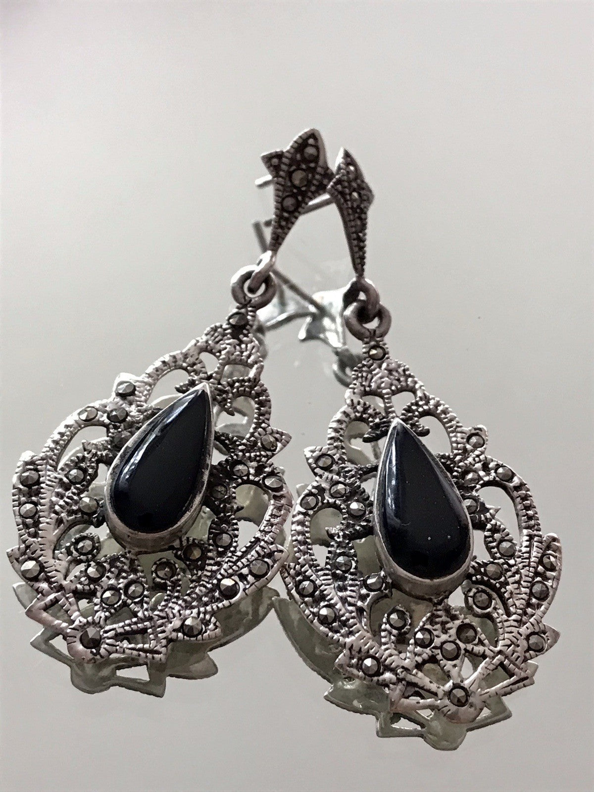 Antik Art Déco Wundervoll Ohrhänger Ohrringe DAMEN Silber 925 Onyx Markasite