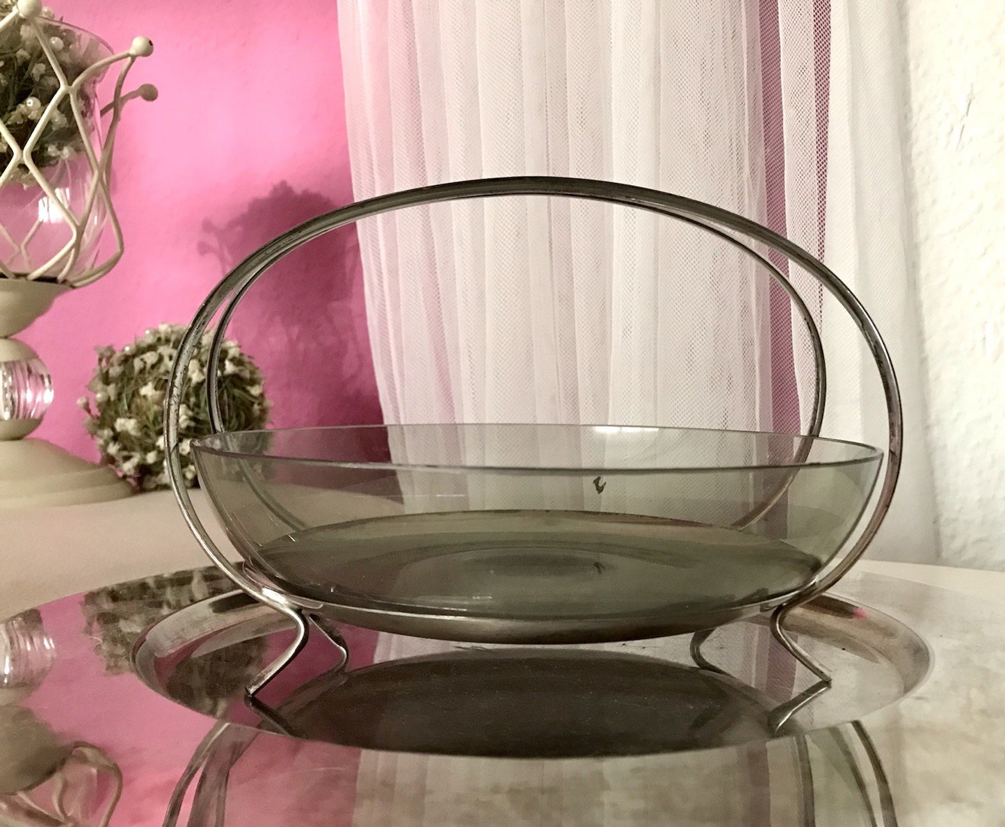 WMF ? Vintage Schale versilbert 50er 60er Mid Century Rauchglas Einsatz MCM
