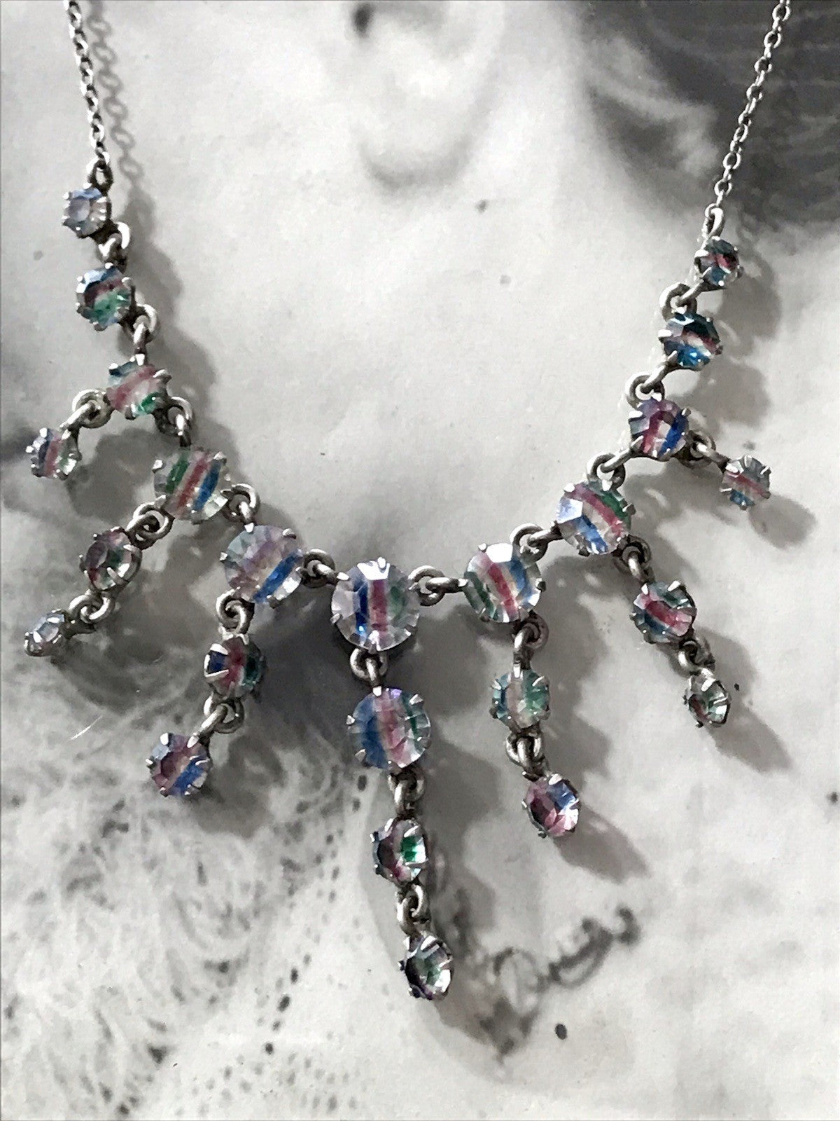 Antik Edel Art Déco 925 Silber Collier Halskette Rheinkiesel