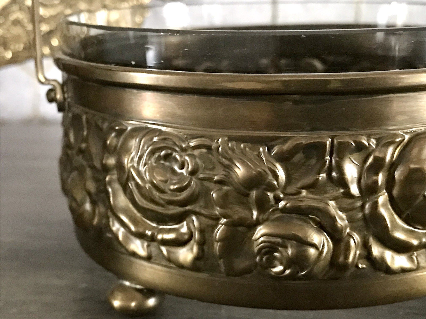 Antik Jugendstil Art  Déco Messing Montur Rosen Schale Bonboniere Glaseinsatz