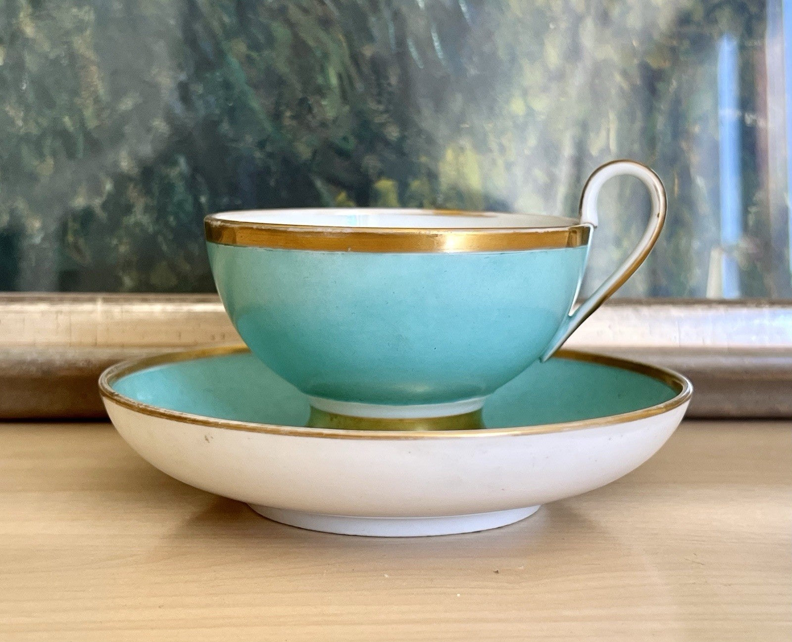 Antik Biedermeier Porzellan Kaffeegedeck Tasse Teetasse schön weiß türkis gold!