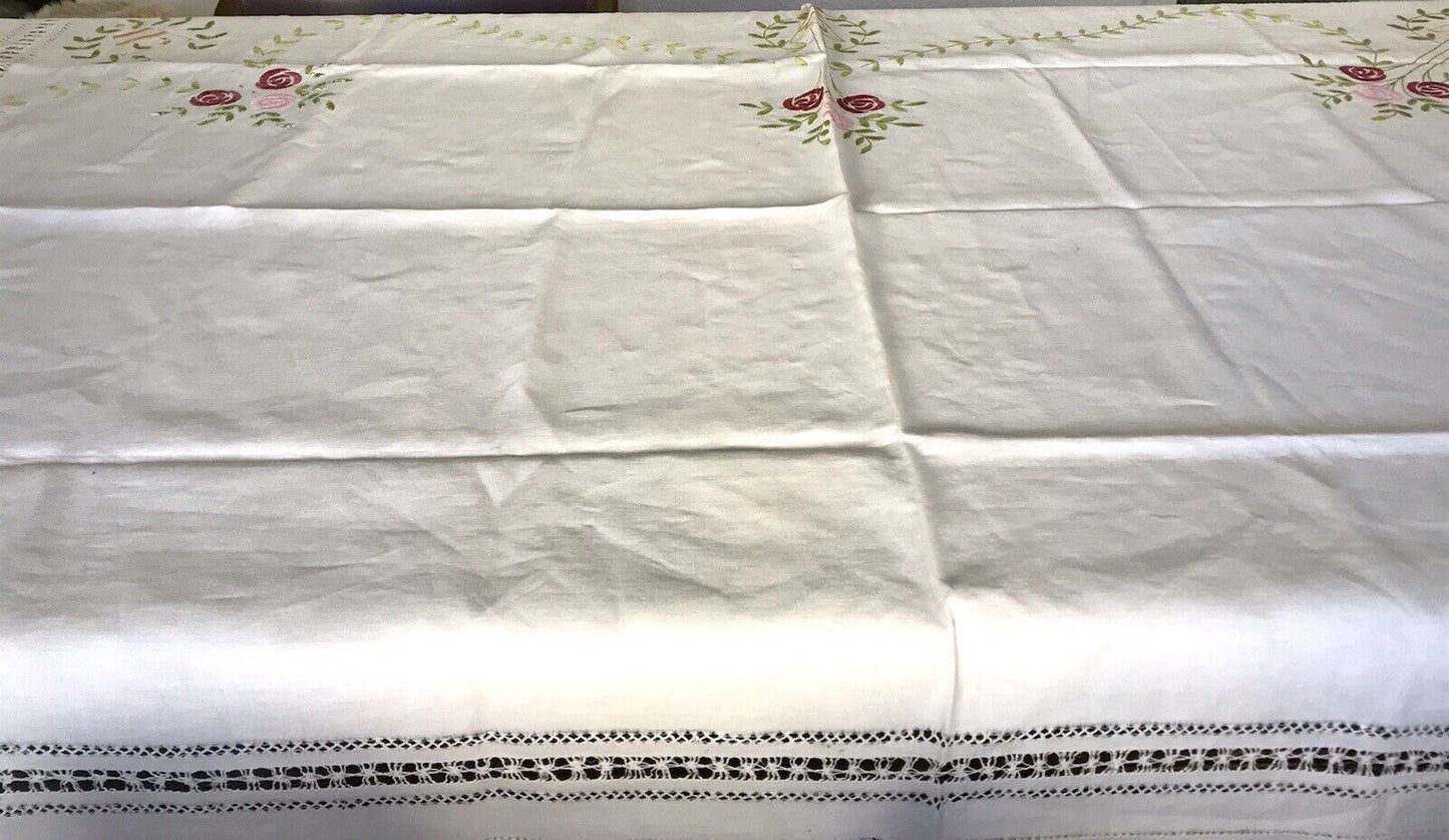 Antik Leinen Jugendstil Tischdecke natur bunt Rosen Stickerei 136 cm x 205 cm