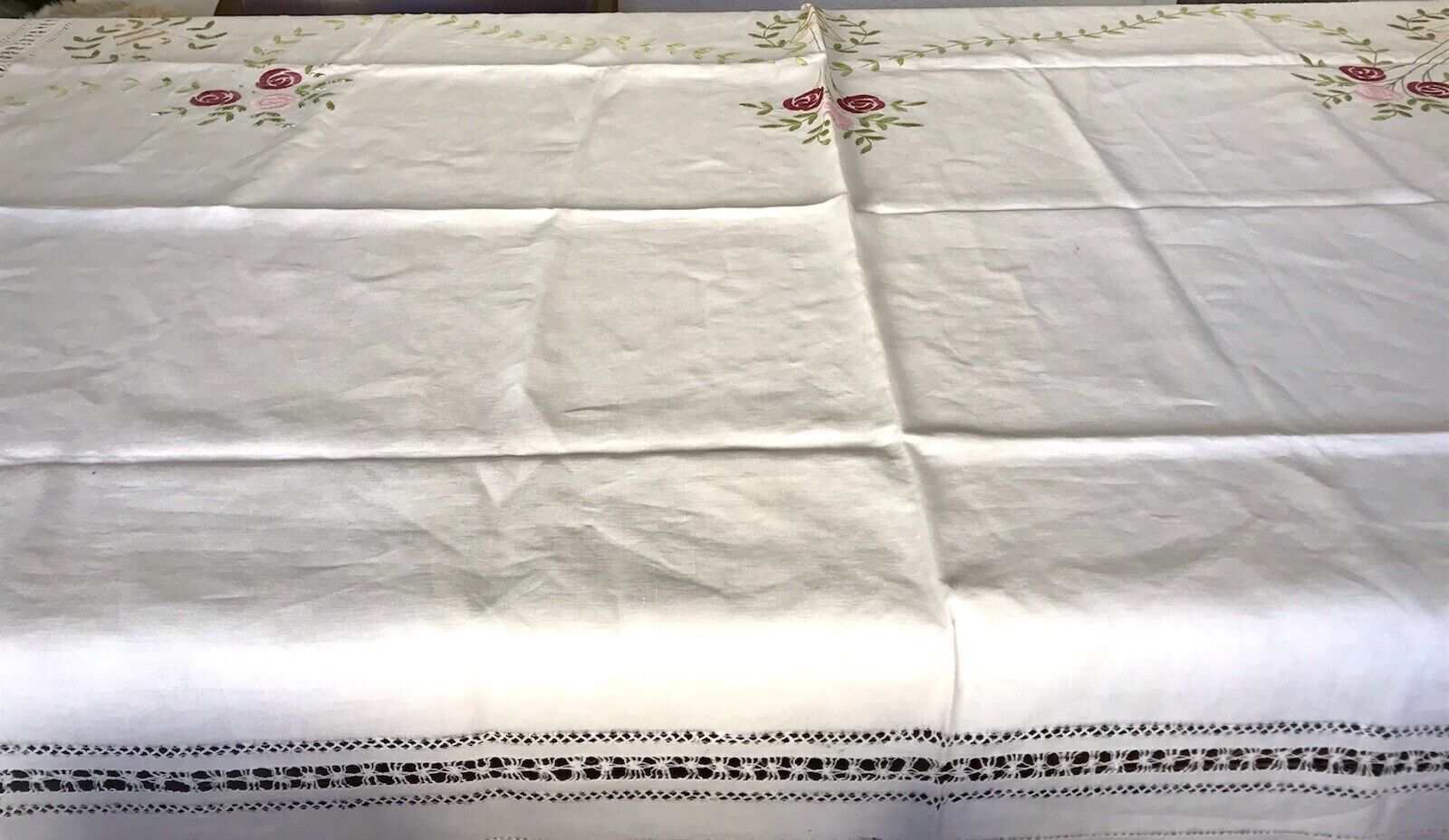 Antik Leinen Jugendstil Tischdecke natur bunt Rosen Stickerei 136 cm x 205 cm