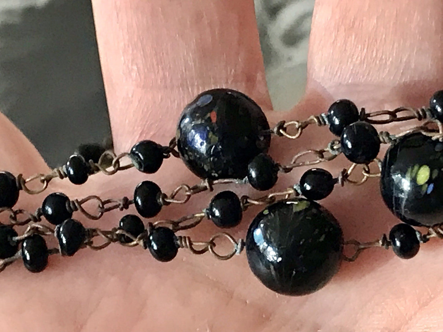 Alt antik? Vintage lange Halskette Kette schwarze Murano Perlen Sehr Schön