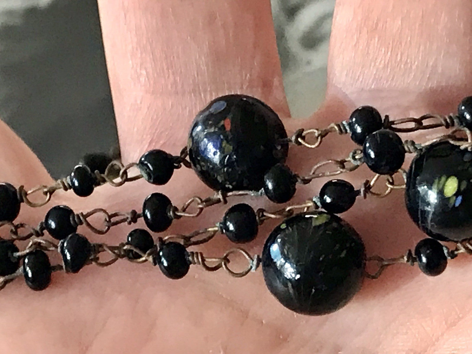 Alt antik? Vintage lange Halskette Kette schwarze Murano Perlen Sehr Schön