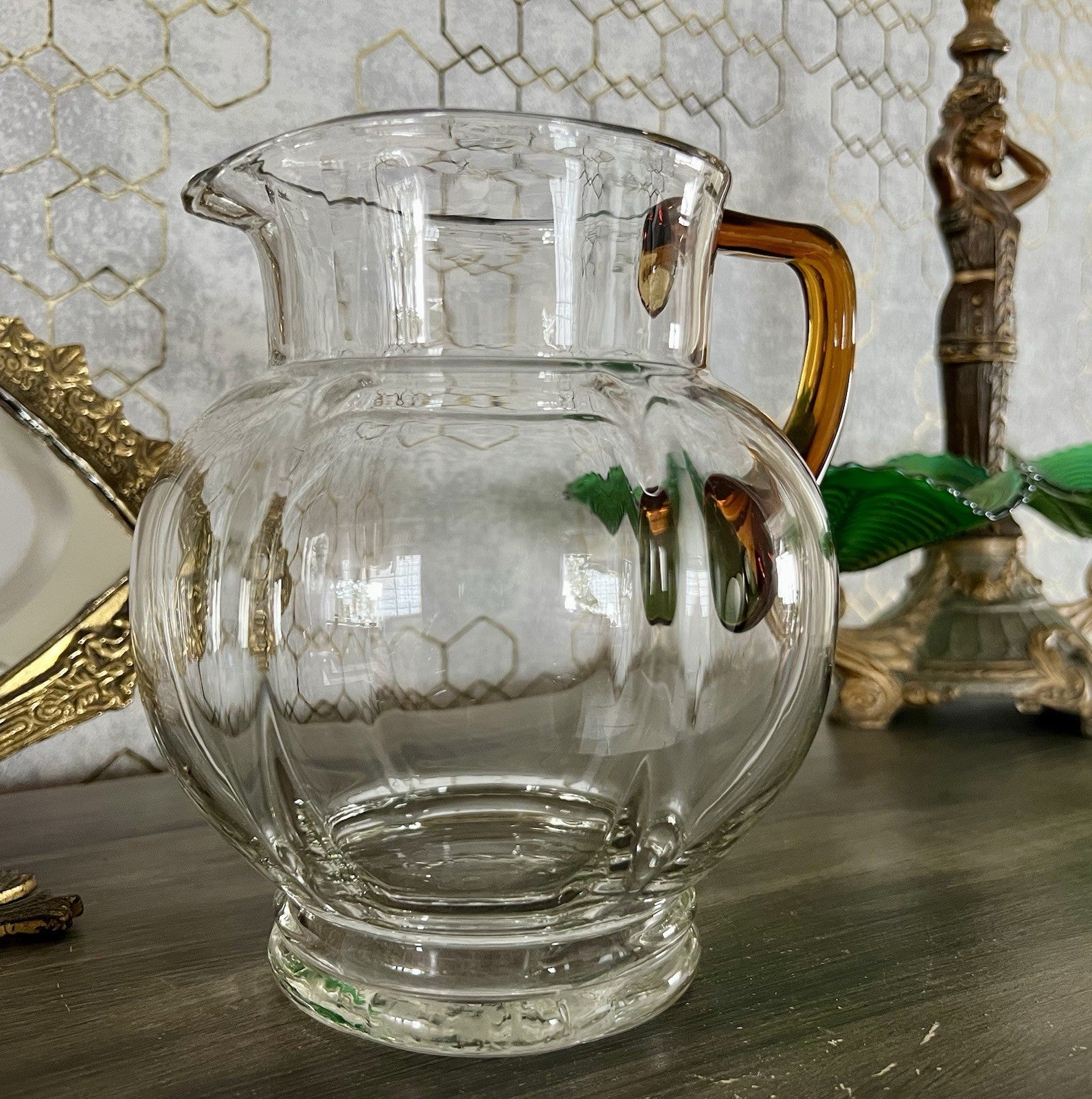 Antik Art Déco Kanne Krug Glaskrug Karaffe Glas mundgeblasen Farblos & gelb