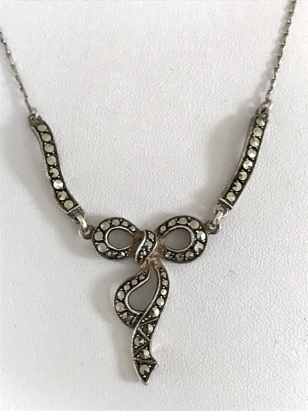 Antik Edel Jugendstil 835 Silber Collier Halskette Markasite Schleife