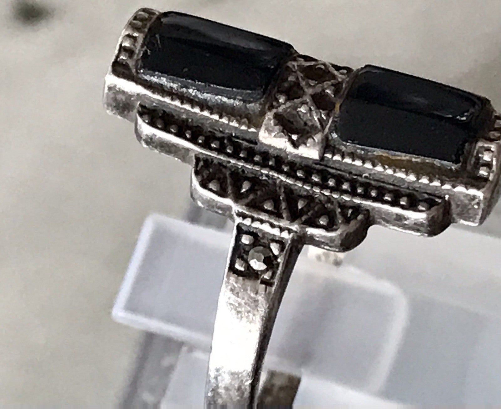 Antik Art Déco Damen Schiffchen Ring Onyx 925 Silber Gr.56 Markasite 18,1
