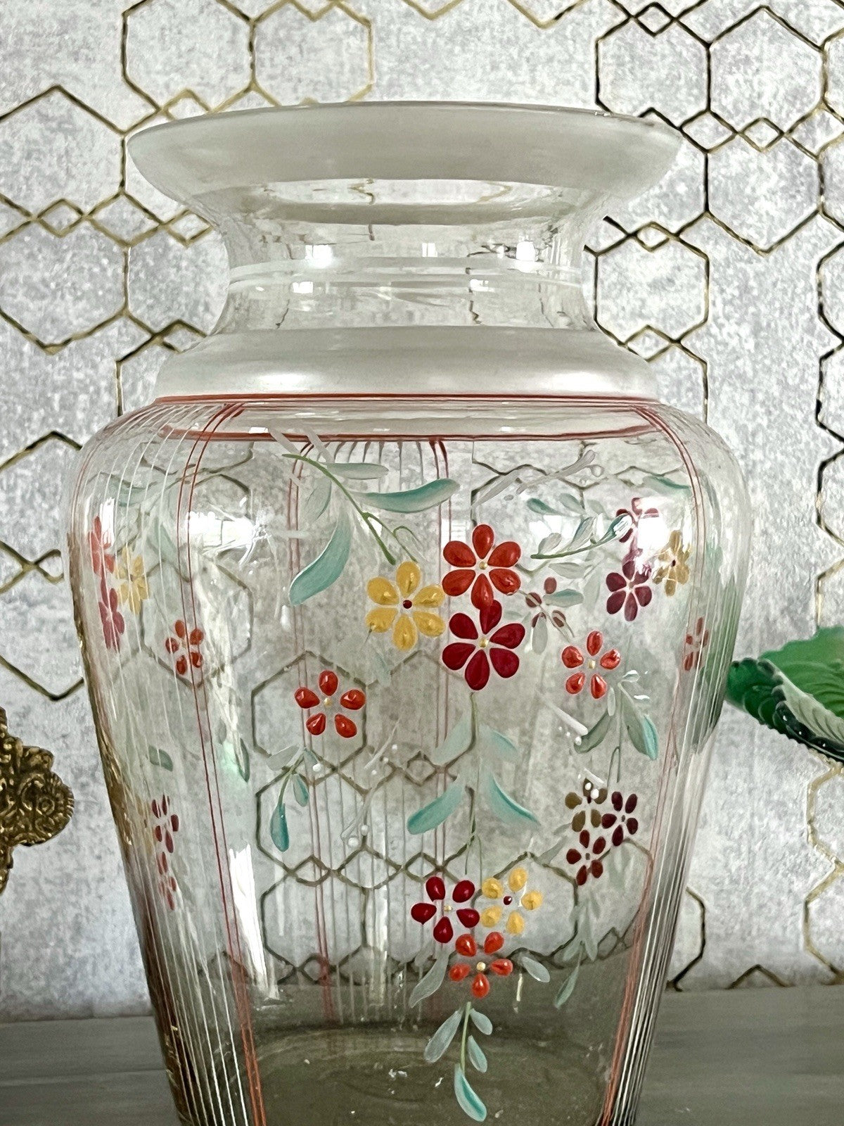 Antik GROẞ Vase Glasvase Art Déco teils satiniert bunte Malerei markant 1930er