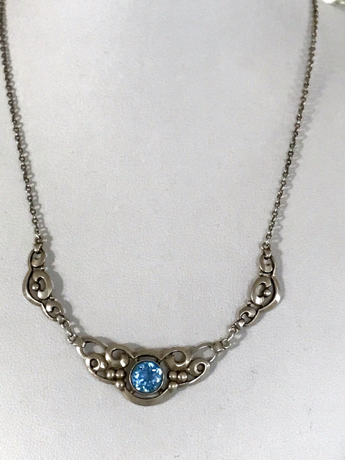 Antik 835 Sterling Silber Collier Halskette Kette Blauer Stein FBM