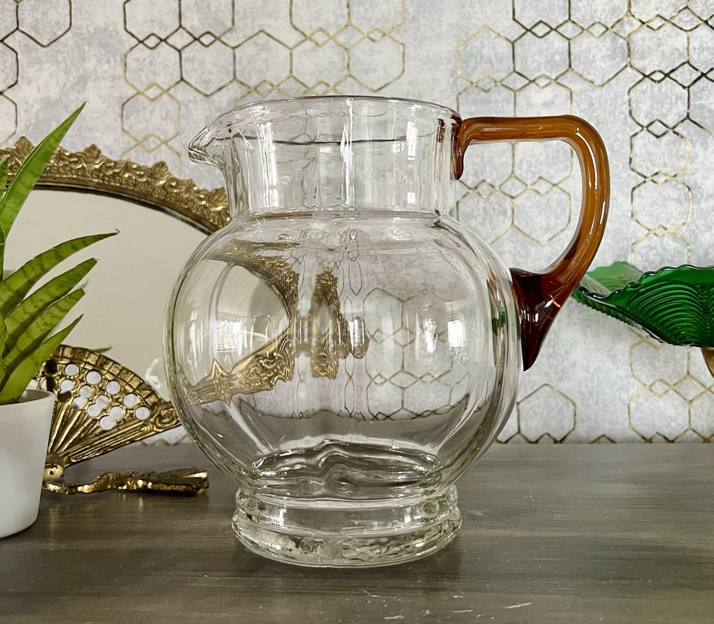 Antik Art Déco Kanne Krug Glaskrug Karaffe Glas mundgeblasen Farblos & gelb