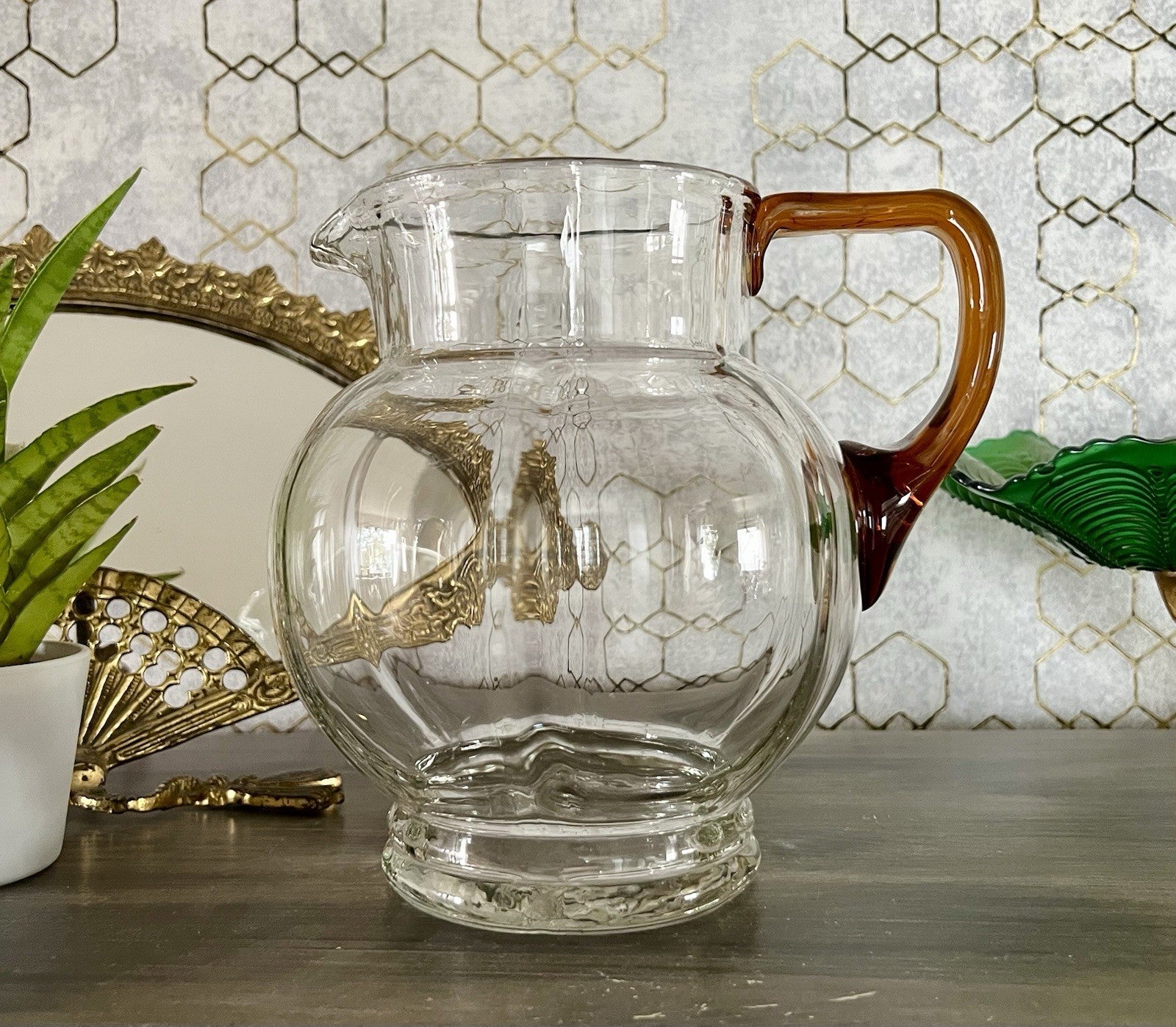 Antik Art Déco Kanne Krug Glaskrug Karaffe Glas mundgeblasen Farblos & gelb