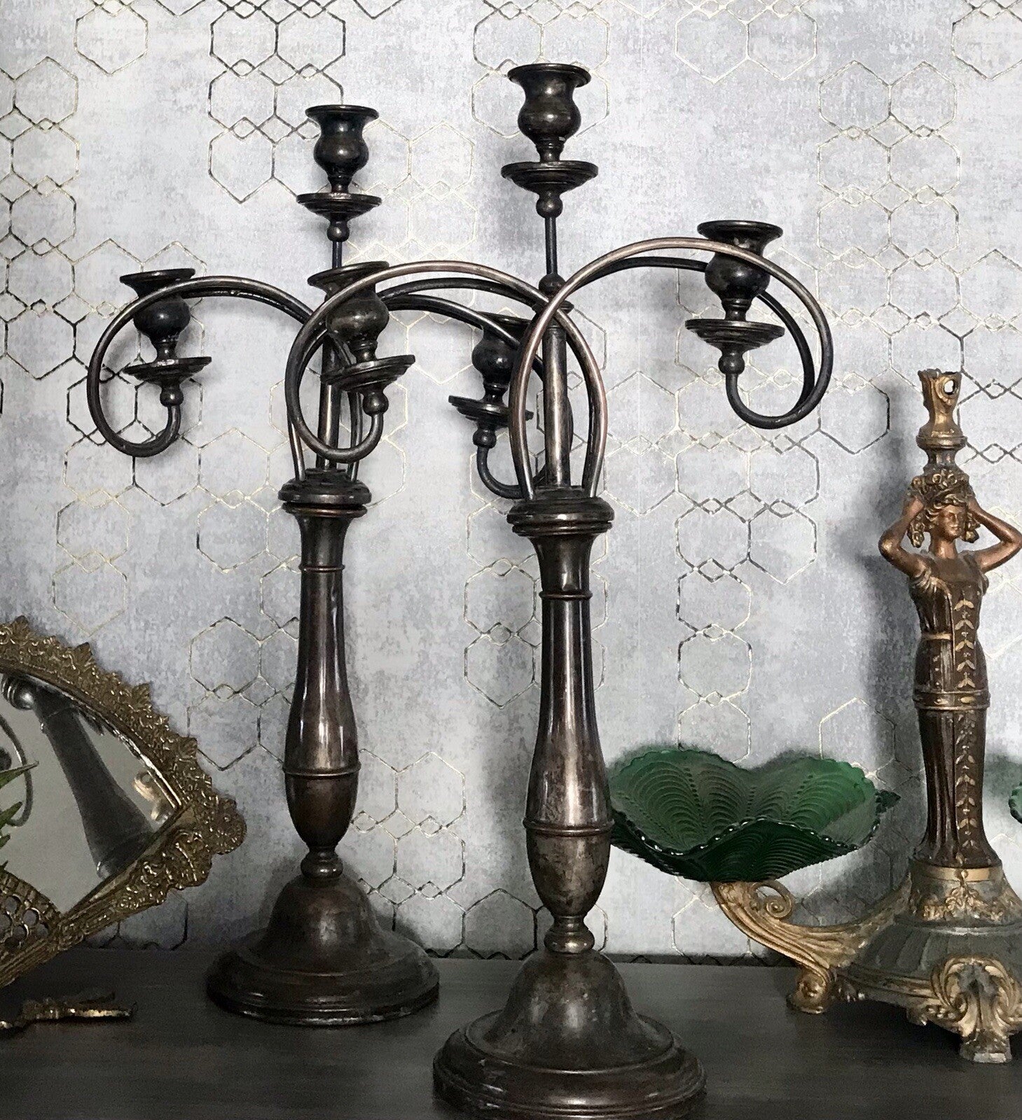 Antik 2 Jugendstil ehemals versilbert Kandelaber Kerzenständer Leuchter ~1890