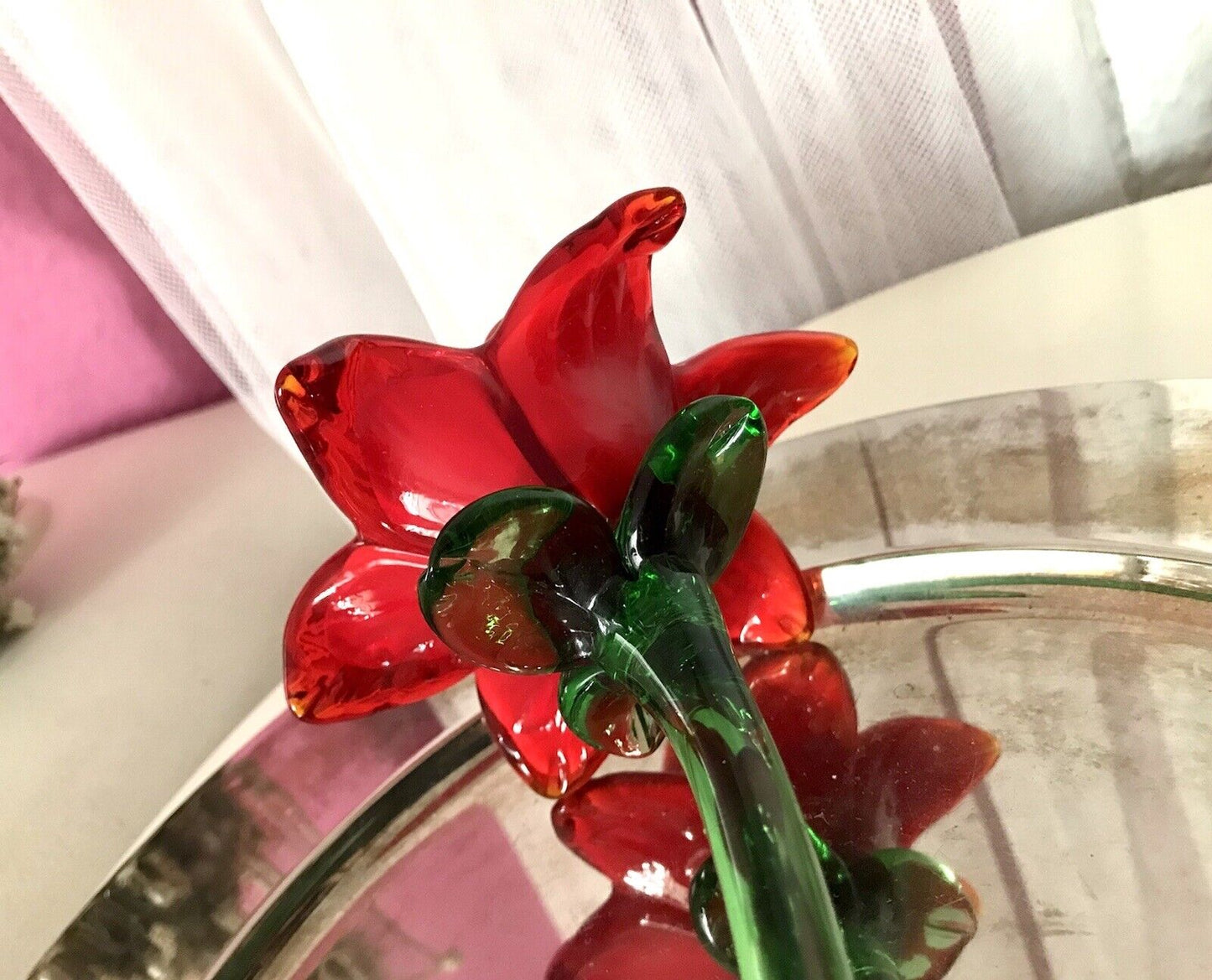 Vintage Murano ? 60er Jahre Glas Blume rote Rose mit Stiel ca. 50 cm lang