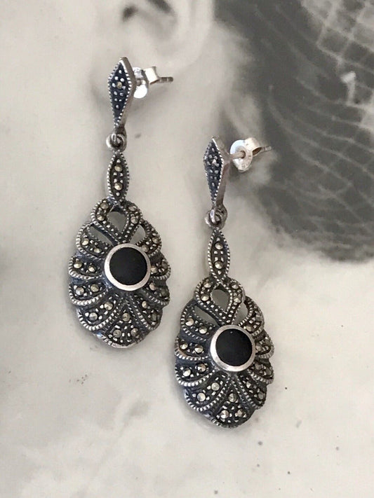 Antik Art Déco Wunderschön Ohrhänger Ohrringe DAMEN Silber 925 Onyx Markasite