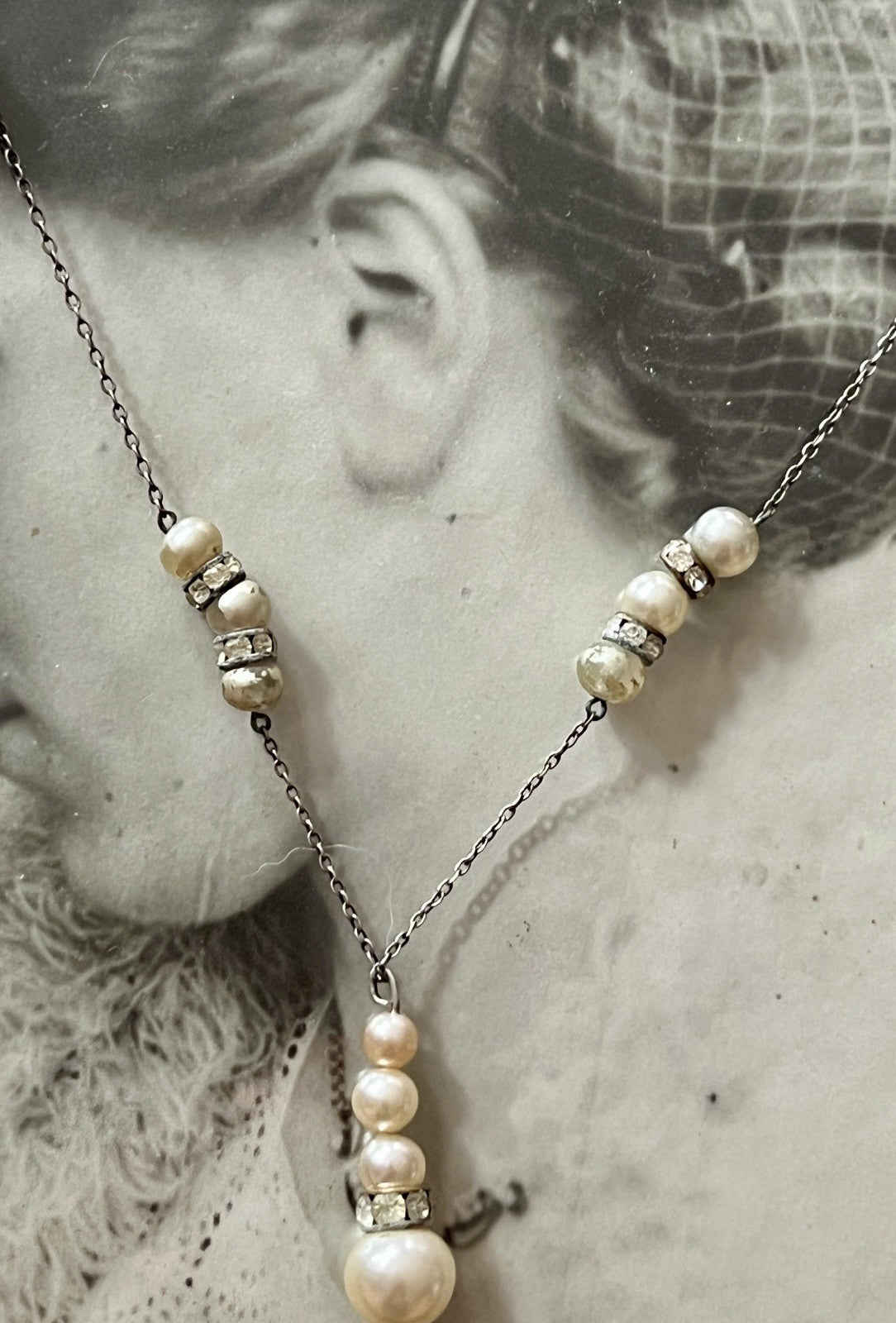 Vintage Antik? 835 Silber Collier Halskette Perlen Strass/ Steine?