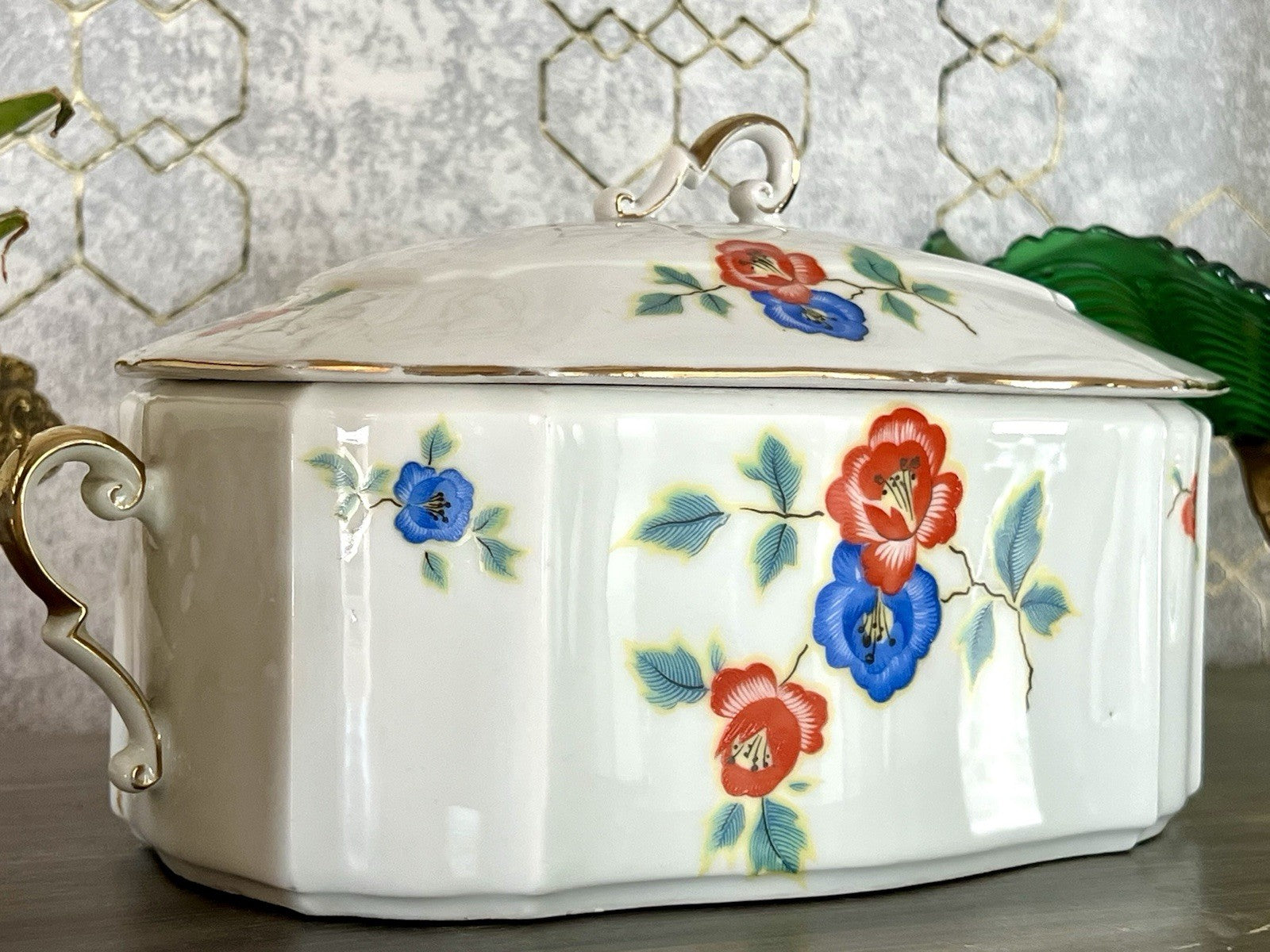 Antik Art Déco Porzellan Dose Deckeldose Schatulle Bonboniere gestempelt R Krone