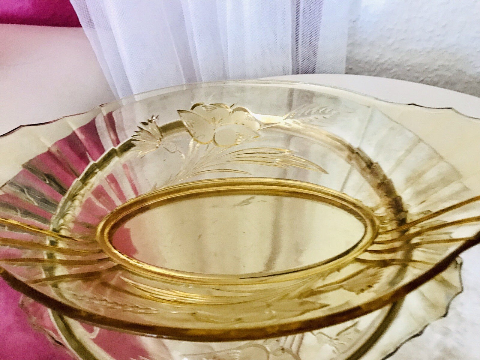 Antik Art Déco Bernstein Farbe gelb Pressglas Schale Jardiniere Glas