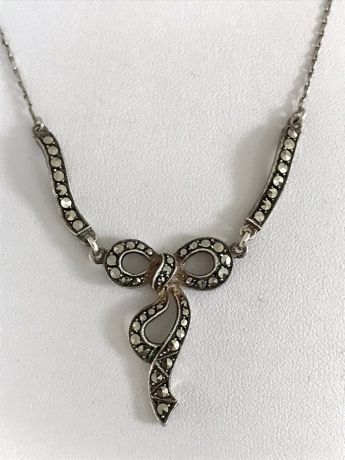 Antik Edel Jugendstil 835 Silber Collier Halskette Markasite Schleife