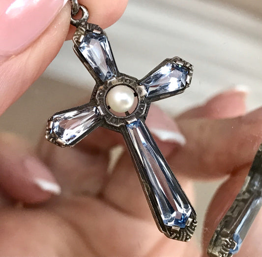Antik Edel Art Déco Silber Kreuz Anhänger Kettenanhänger blaue Steine Aquamarin?