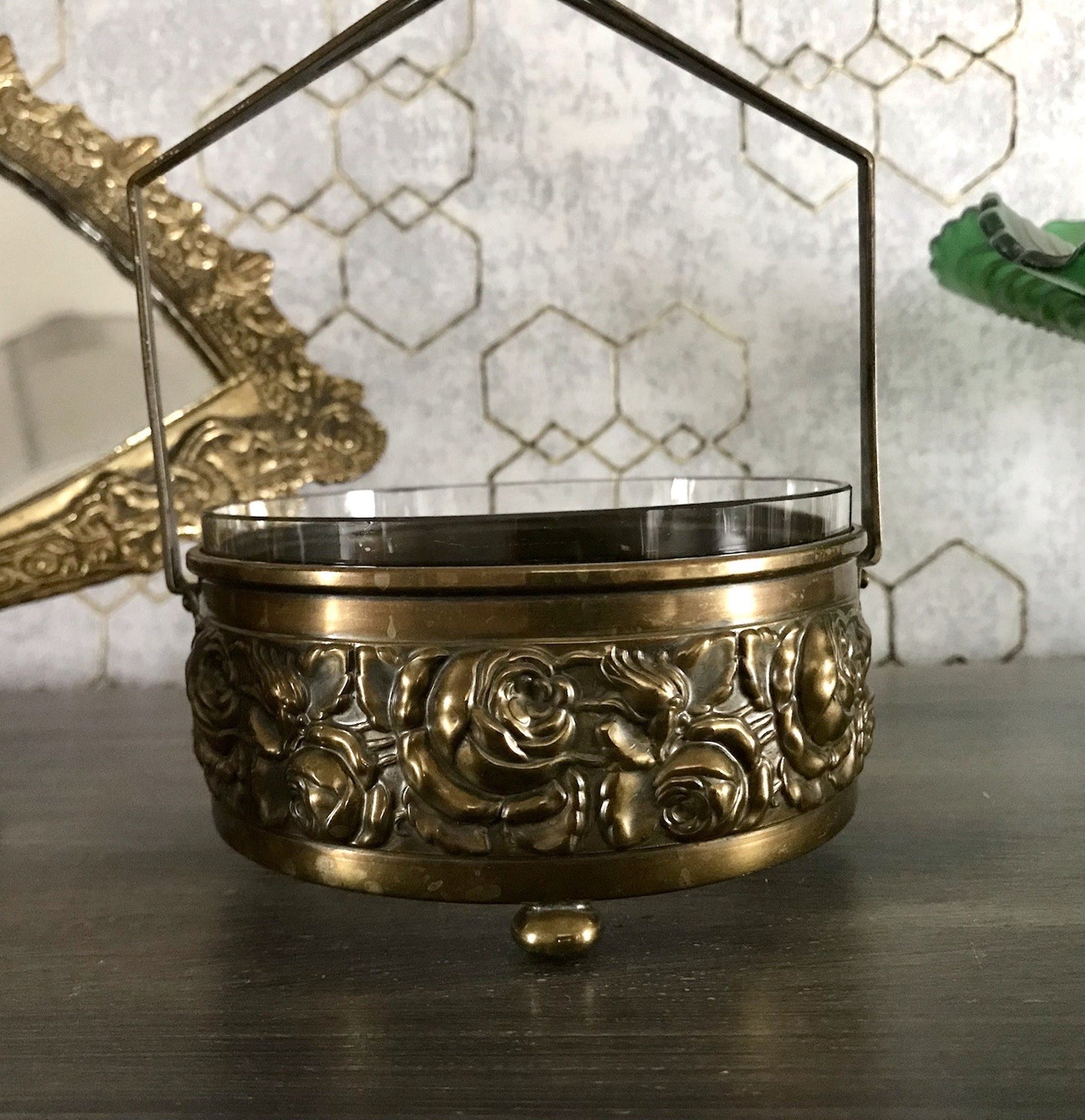 Antik Jugendstil Art  Déco Messing Montur Rosen Schale Bonboniere Glaseinsatz