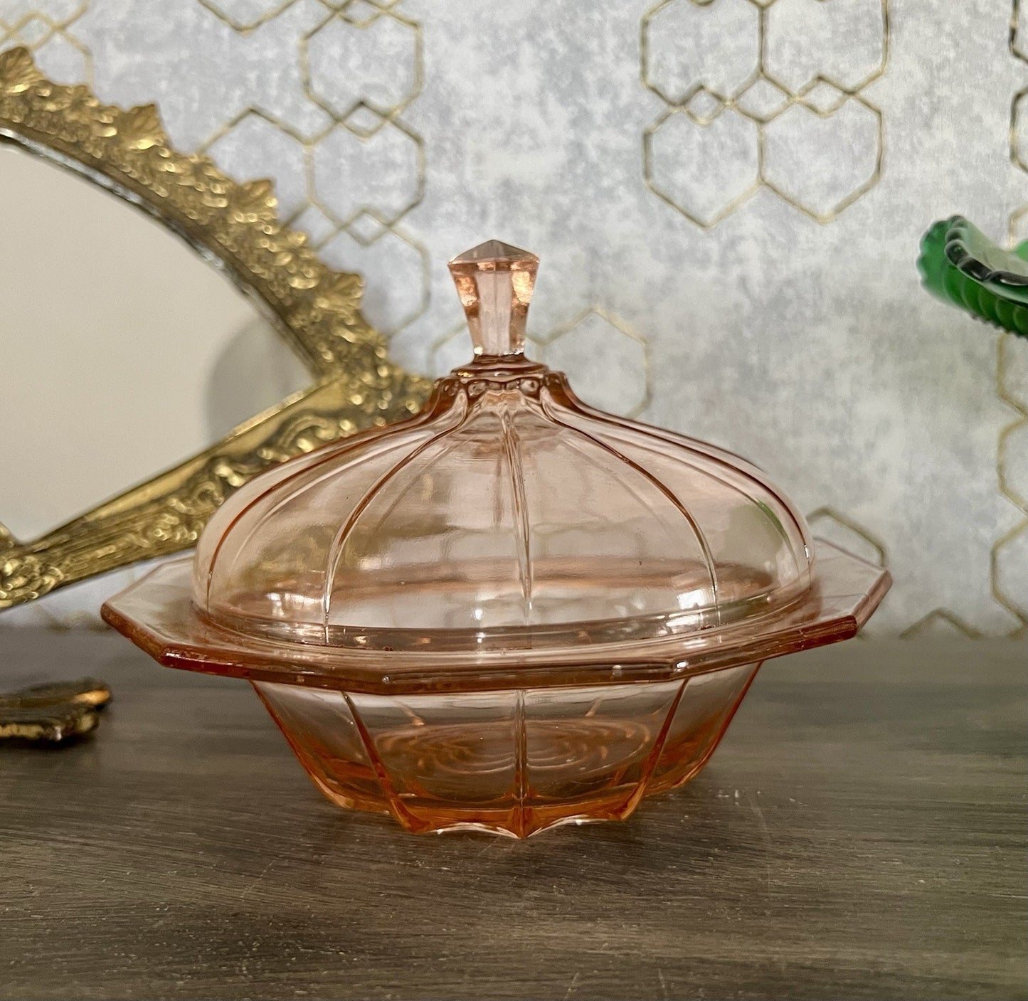 Antik Art Déco Dose Deckeldose Rosalin Rosa Pressglas