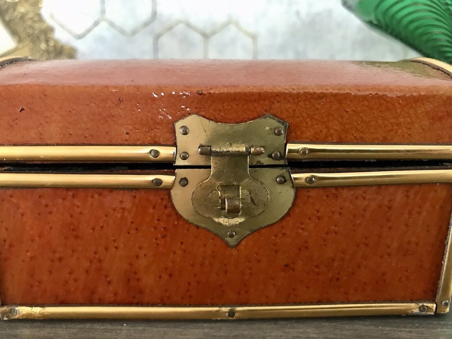 Vintage Schatulle Schmuckdose Dose Kästchen Leder bezogen Cognac