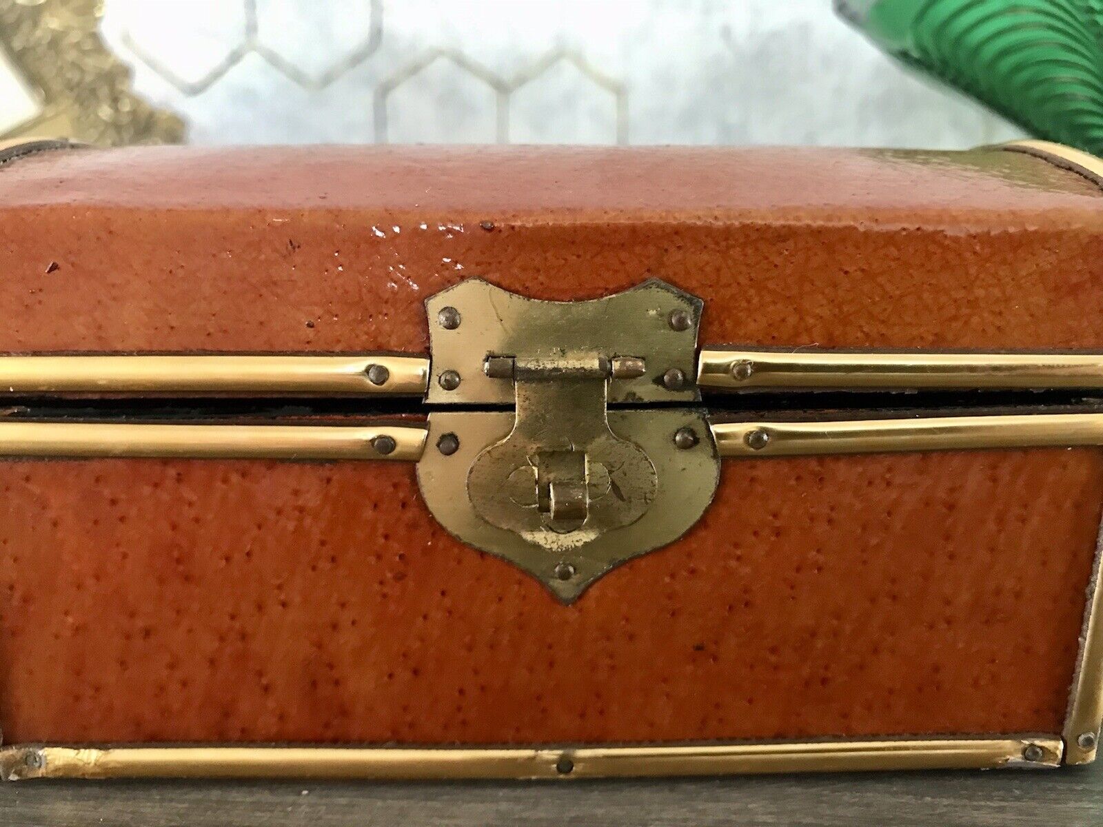 Vintage Schatulle Schmuckdose Dose Kästchen Leder bezogen Cognac