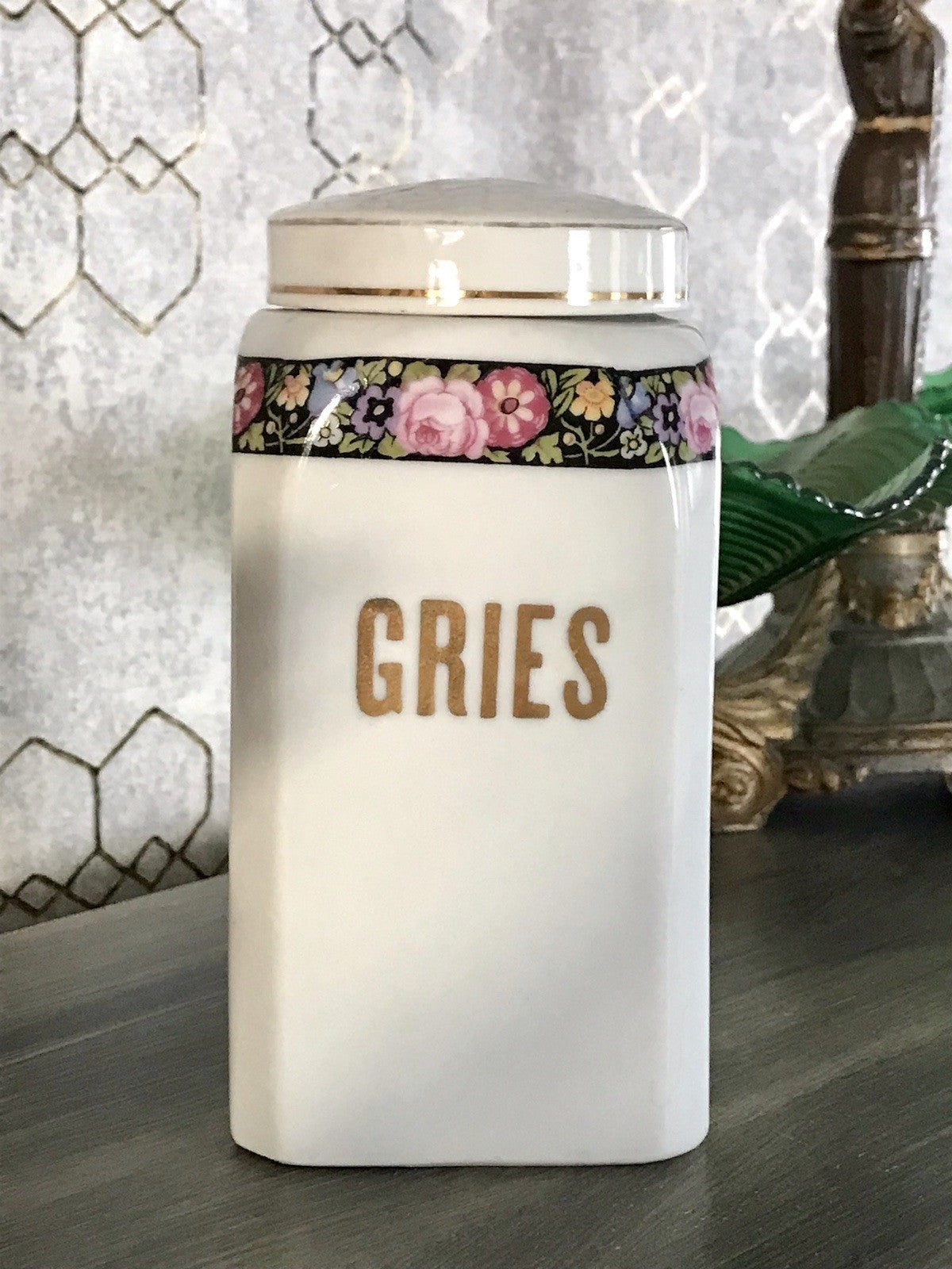 Antik Porzellan Dose Vorratsgefäß Vorratsdose Gries Blumenborte Art Déco