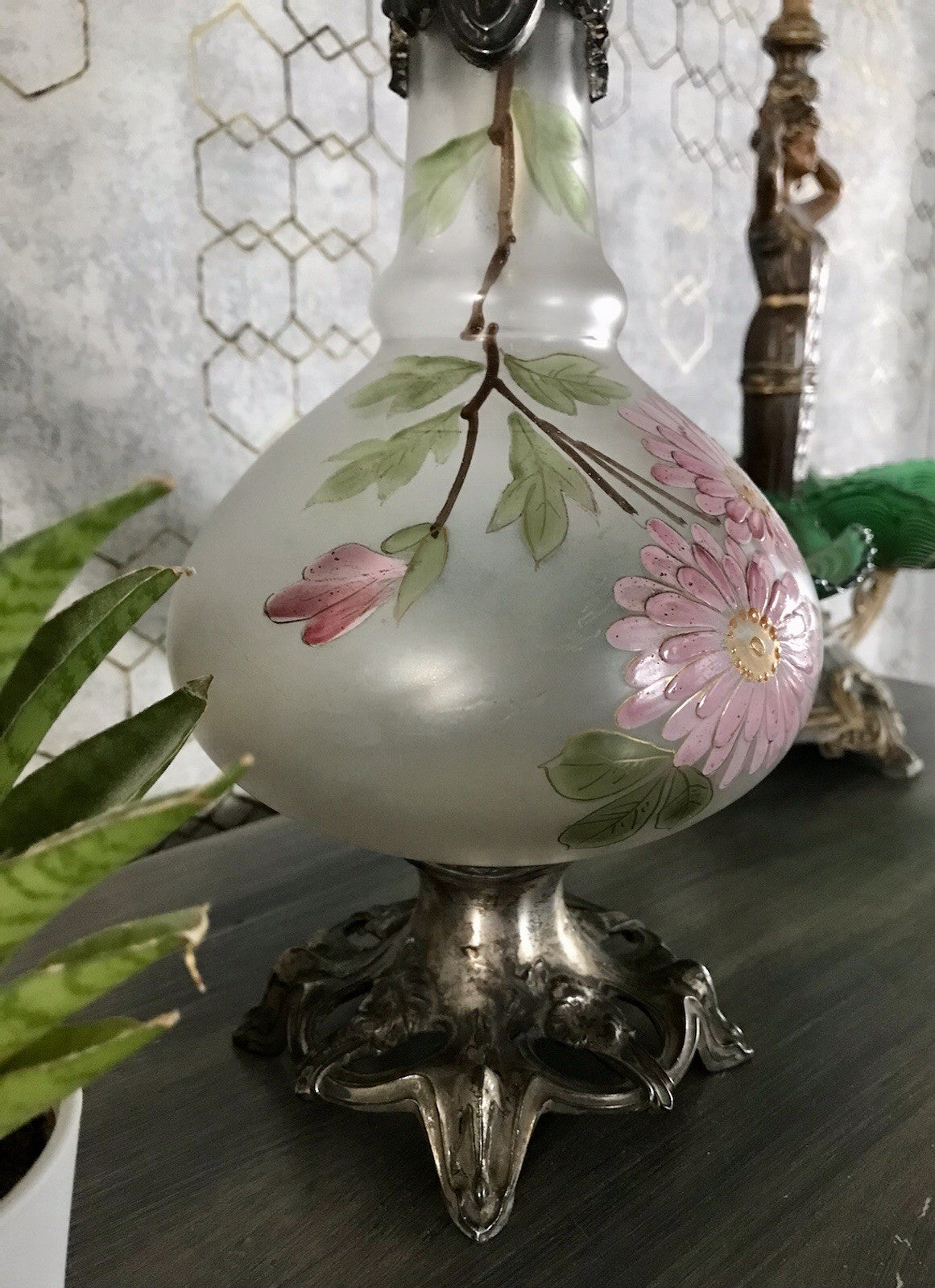 Antik Legras Karaffe Dekanter Schankkrug Glas versilbert Montur bemalt