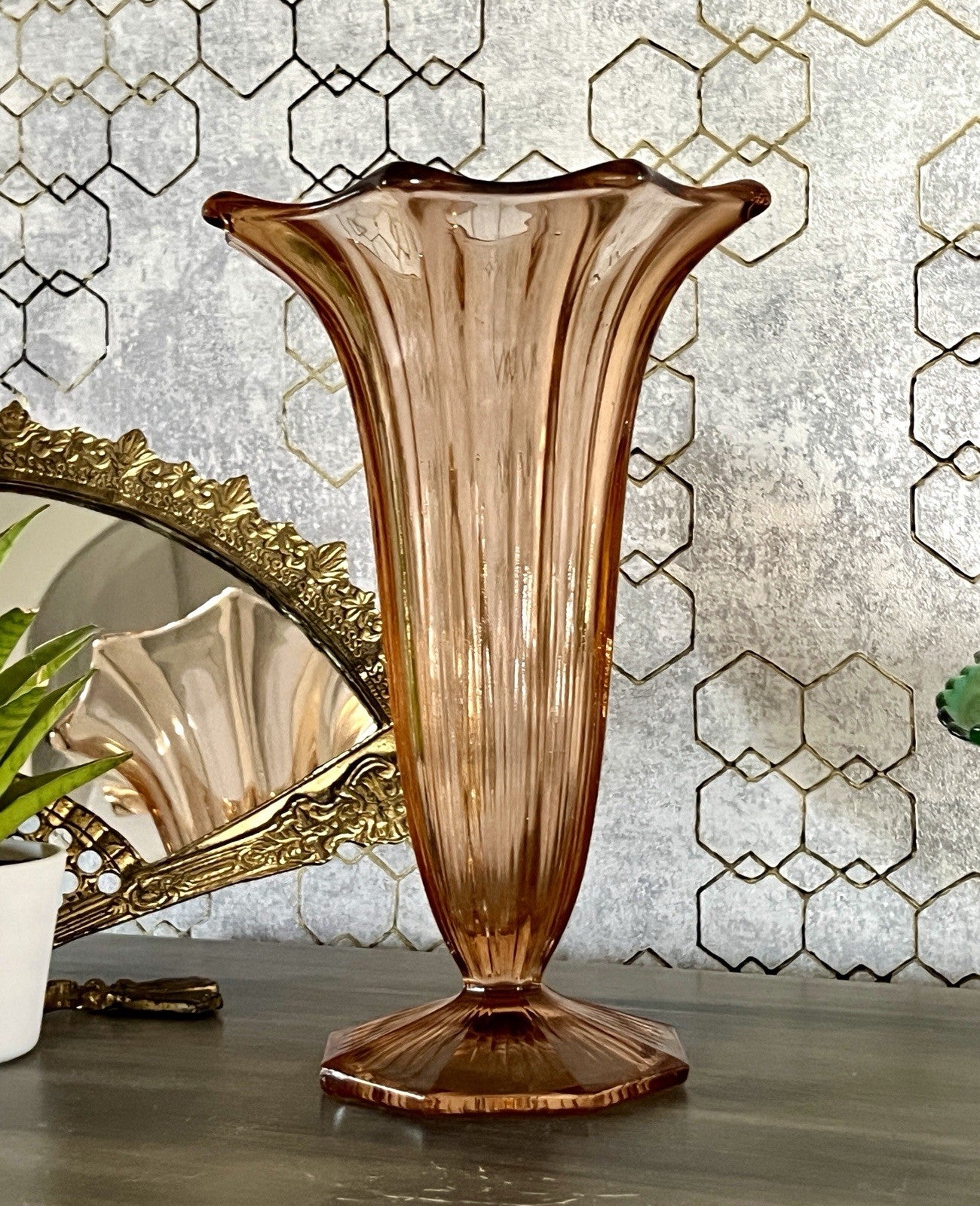 Antik Art Déco 1 GROẞ Vase Glasvase Pressglas Rosalin rosa  Glas