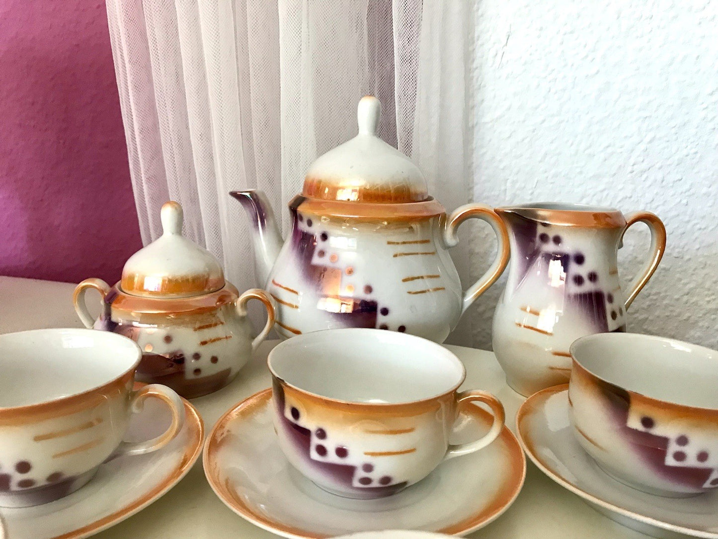 Antik Art Déco Porzellan Kaffeeservice Spritzdekor Teeservice 6 Pers.