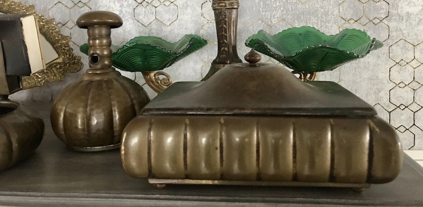 Antik Art Déco Raucherset Zigarren Dose Schneider Aschenbecher Messing