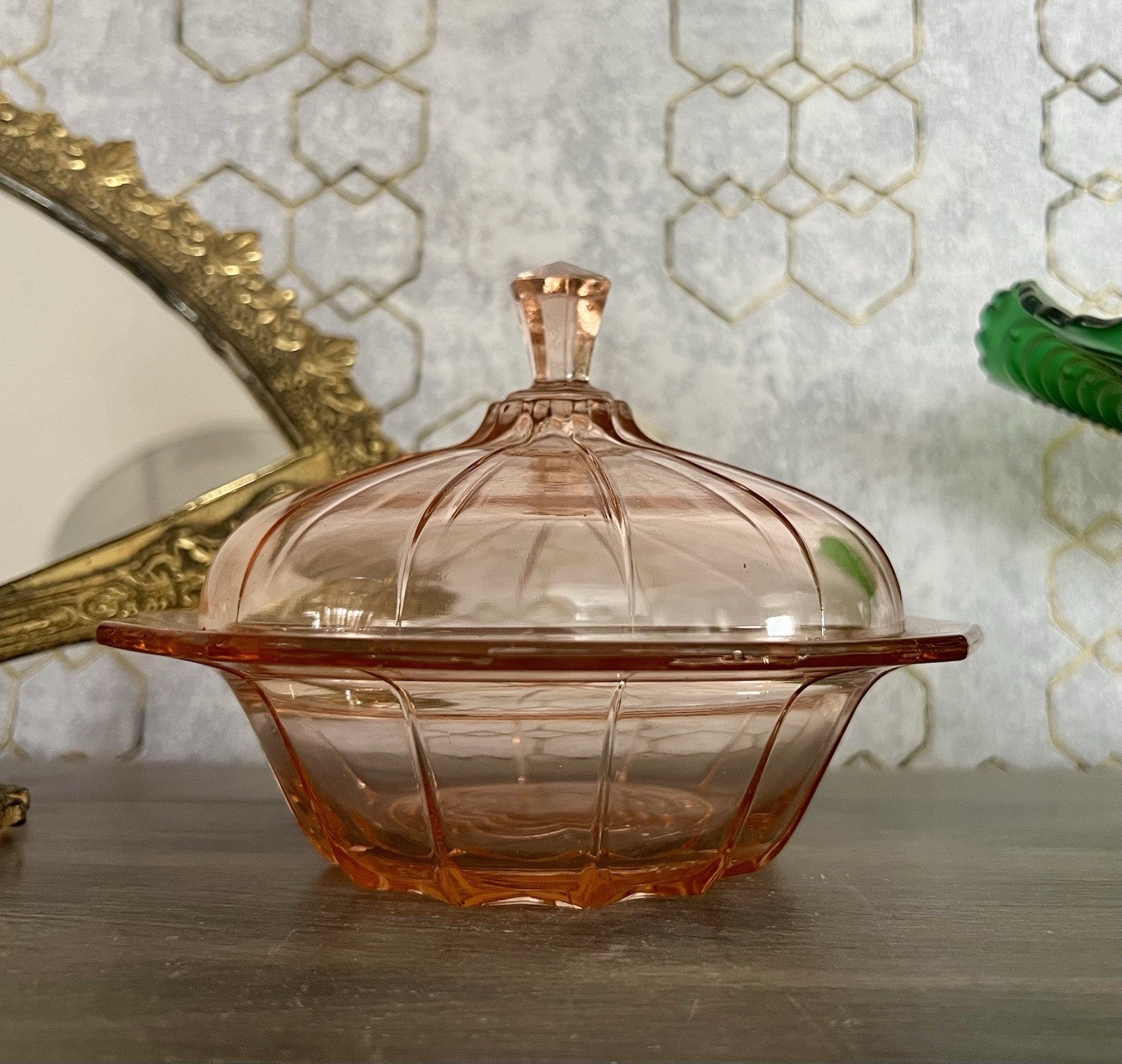 Antik Art Déco Dose Deckeldose Rosalin Rosa Pressglas