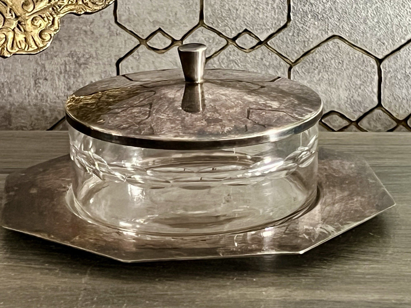 Antik WMF Art Déco Butterdose Dose versilbert Deckeldose Glaseinsatz geschliffen
