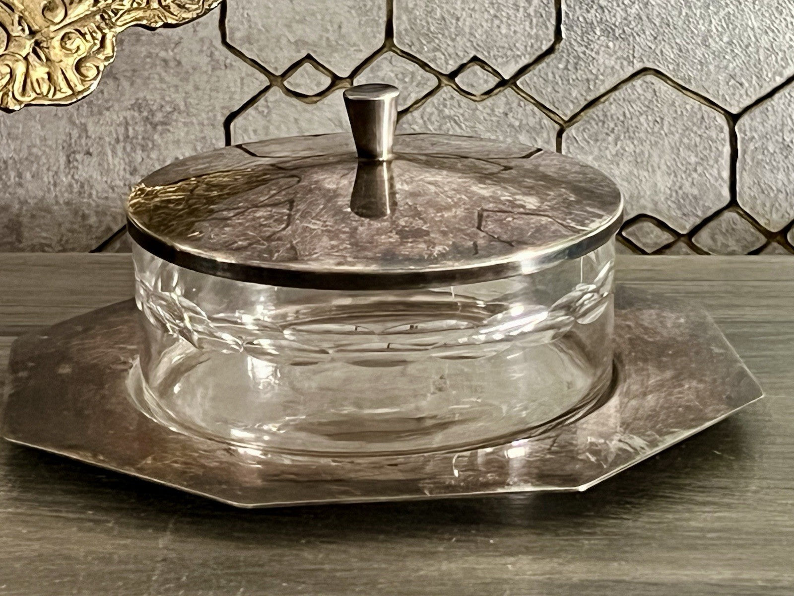 Antik WMF Art Déco Butterdose Dose versilbert Deckeldose Glaseinsatz geschliffen