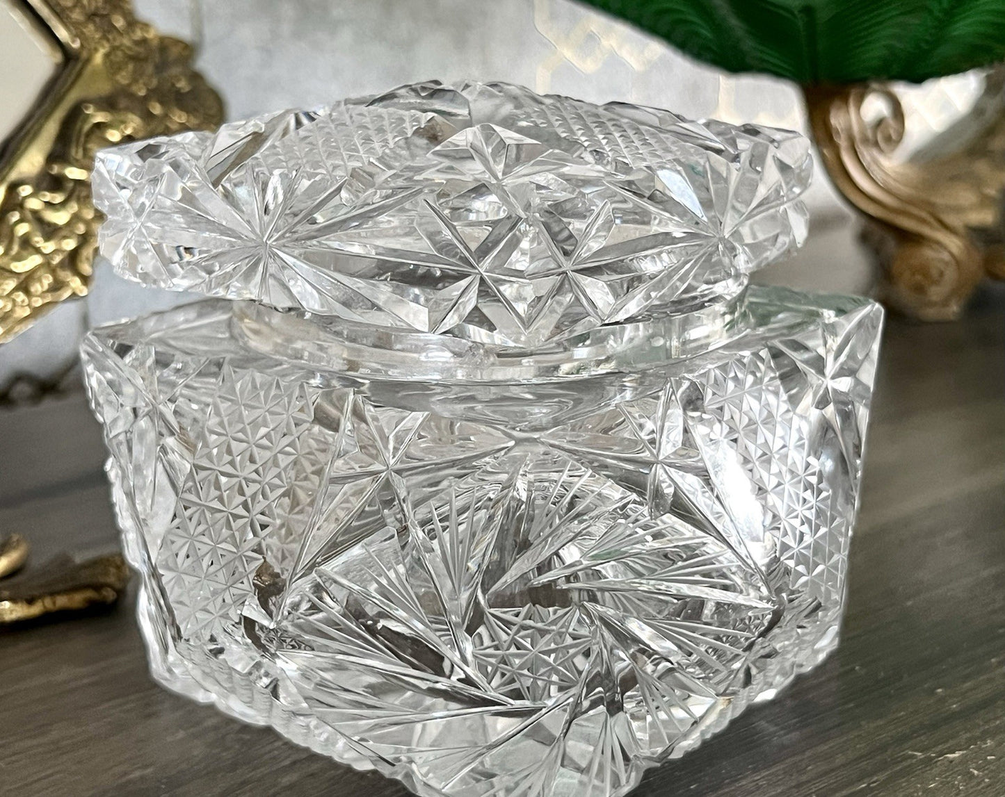 Antik Vintage Art Deco EDEL Glasdose Deckeldose Schatulle Kristallglas Schliff