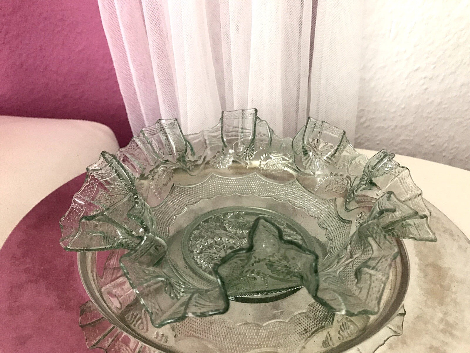 Antik Jugendstil gewellter Serviettenrand Pressglas Schale Glas so schön! grün