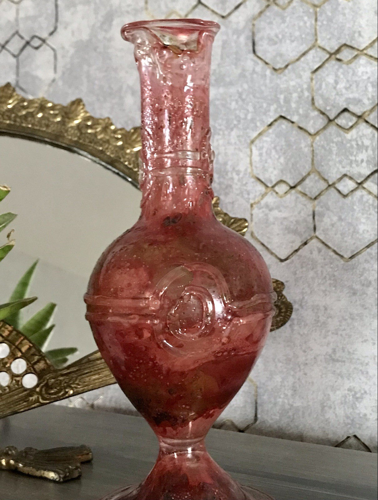 Vintage Pavel Molnār Glas Glaskunst Glasvase rot Faden Aufschmelzungen signiert