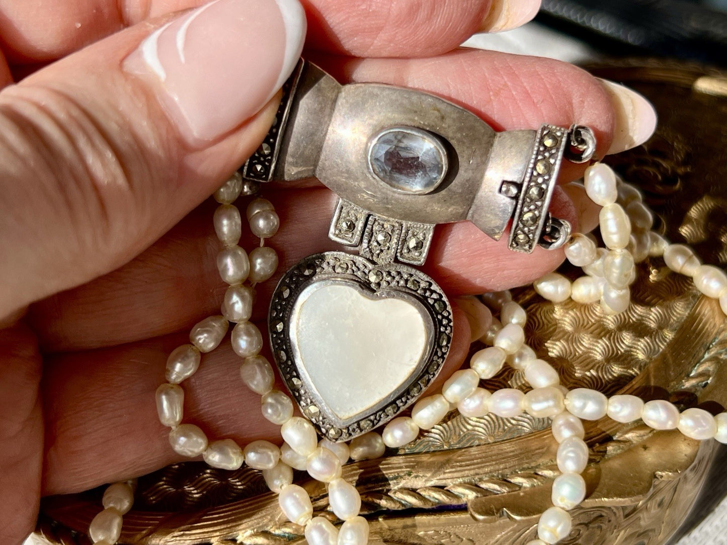 Antik  Jugendstil Silber Collier Perlen Halskette Herz Markasite blauer Stein