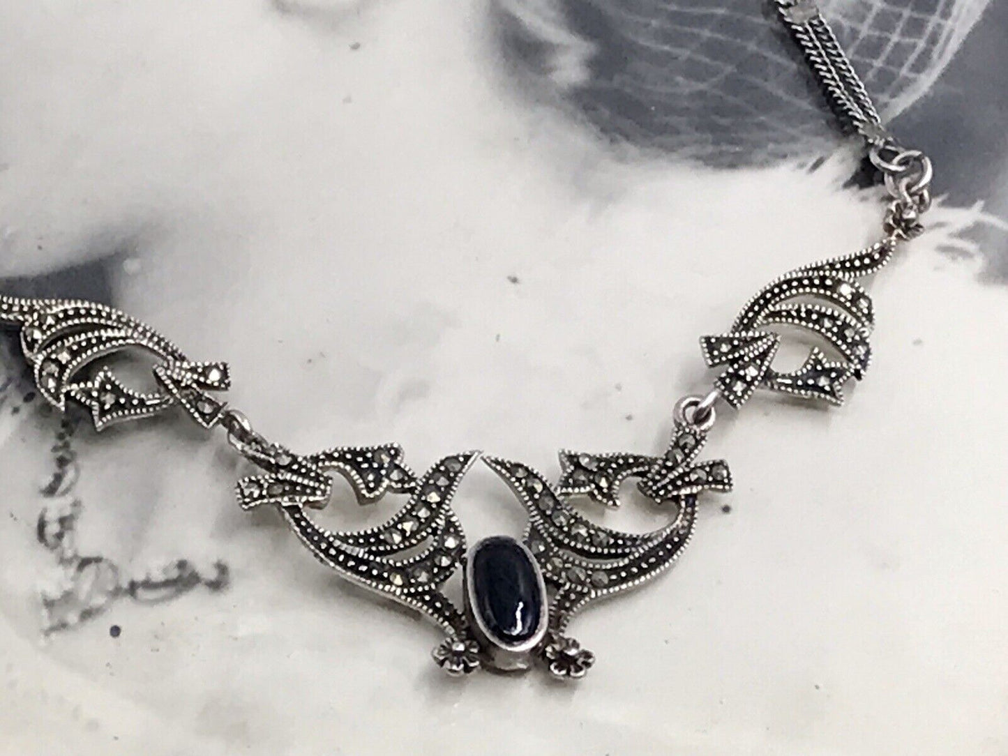 Antik Edel Jugendstil Art Déco 925 Silber Collier Halskette mit Onyx & Markasite