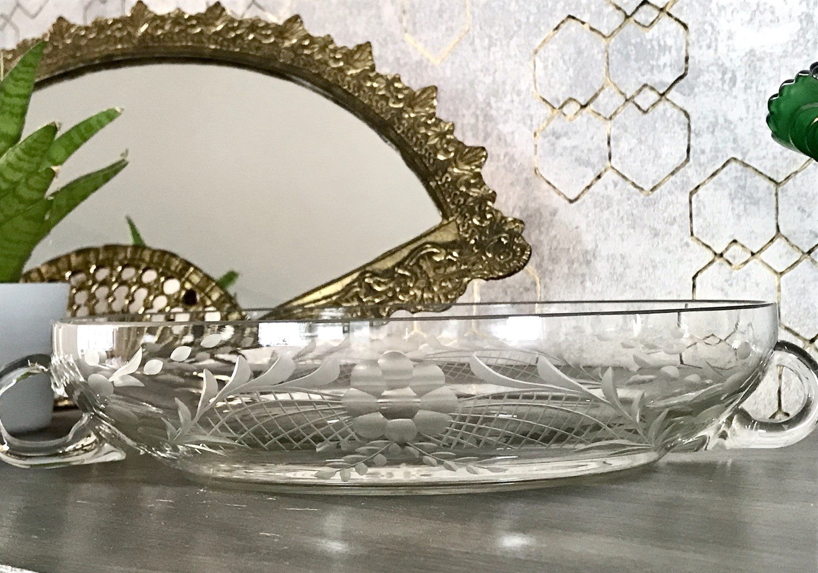 Antik EDEL Art Déco Schale Glasschale mundgeblasen geschliffen mit Henkeln