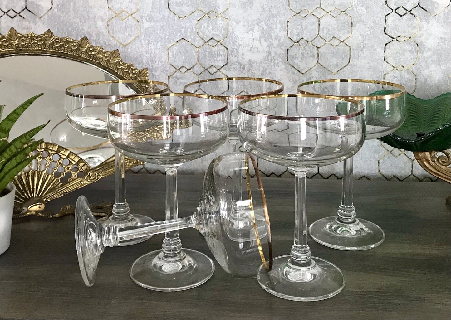 Antik? Art Déco 6 x Champagnerschalen Sekt Gläser Goldrand Lausitzer? Crystal