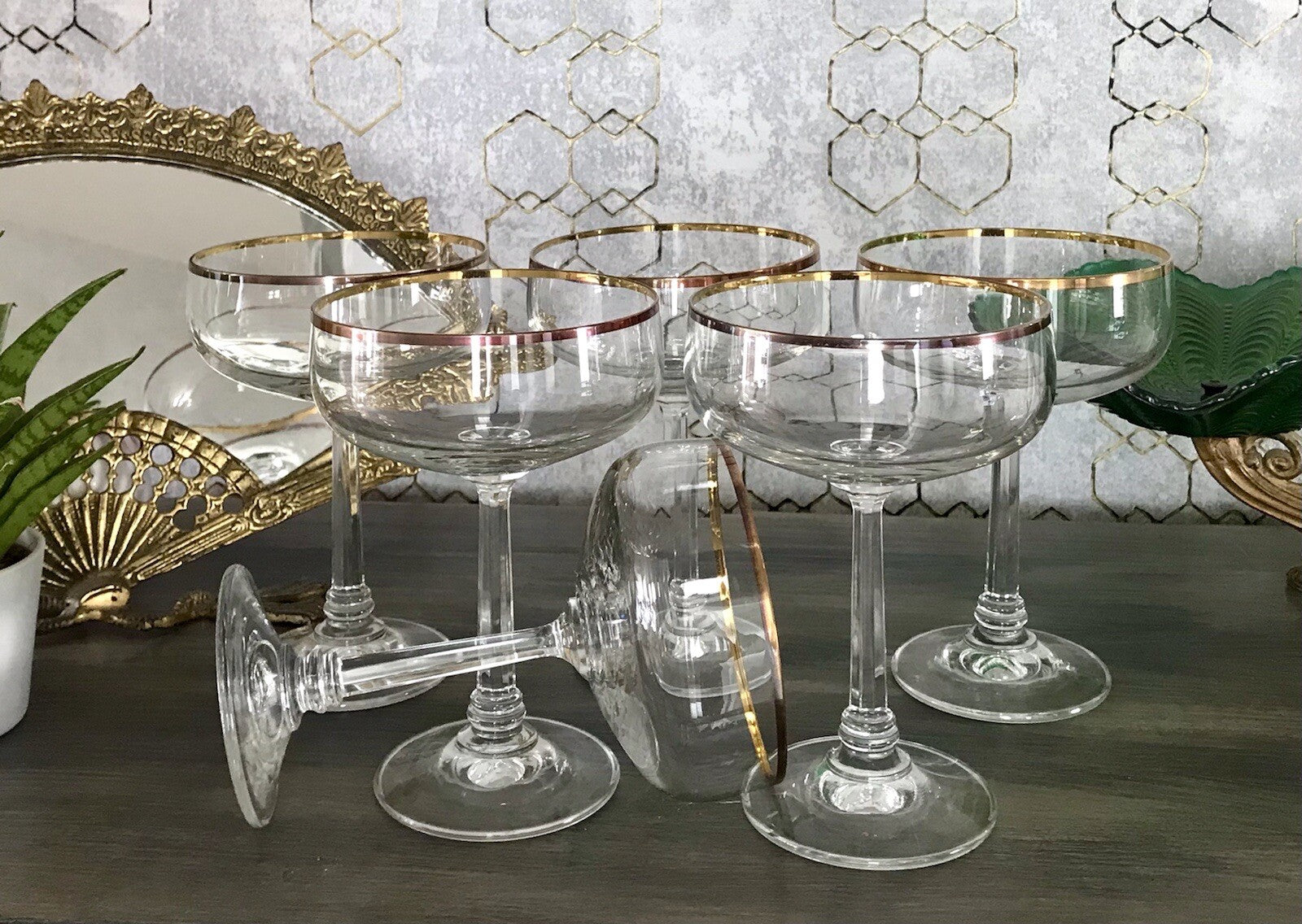 Antik? Art Déco 6 x Champagnerschalen Sekt Gläser Goldrand Lausitzer? Crystal
