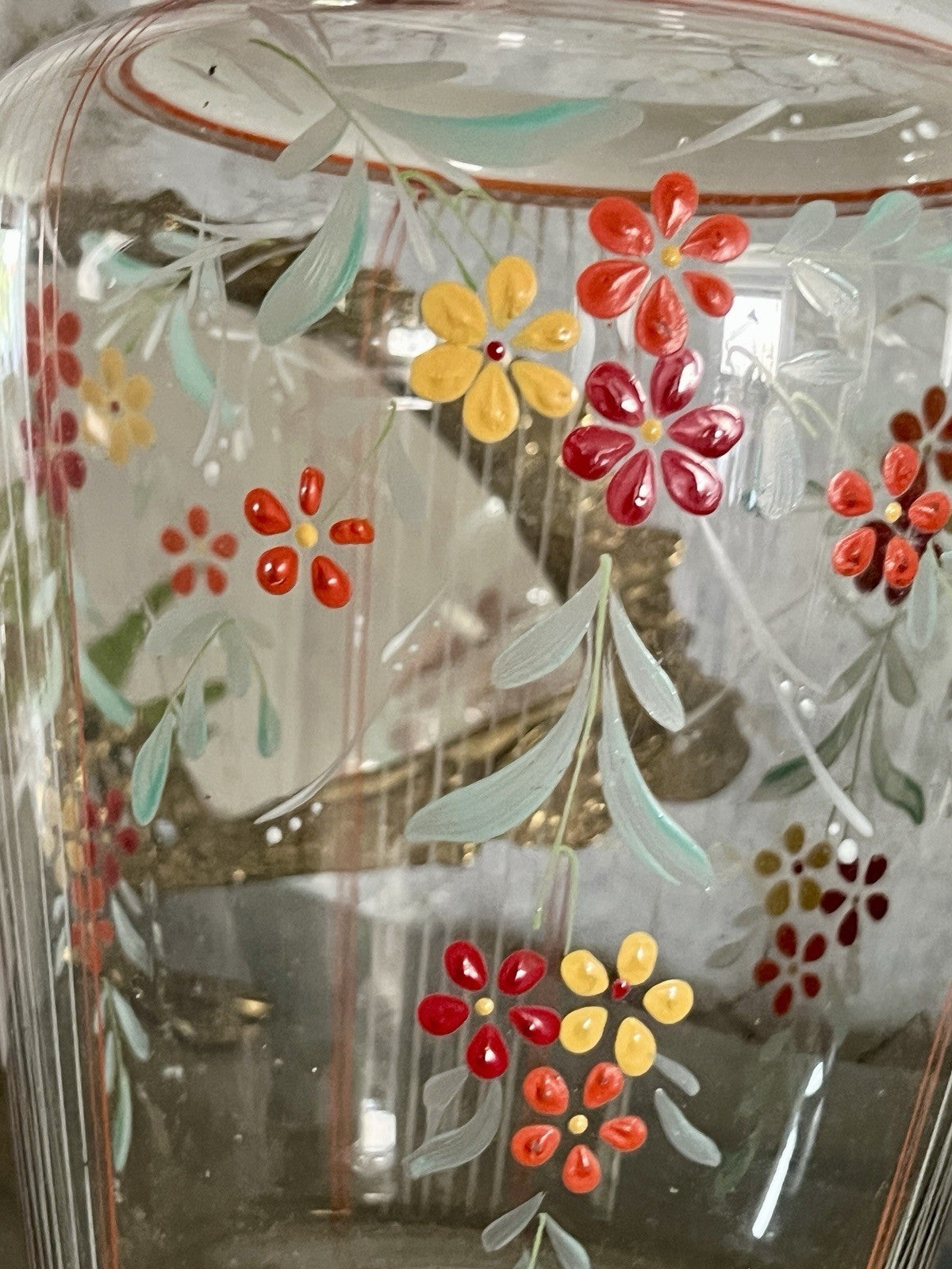 Antik GROẞ Vase Glasvase Art Déco teils satiniert bunte Malerei markant 1930er